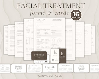 May include: A collection of 16 editable facial treatment forms and cards. The forms are white with black text, and the cards are brown with white text. The text includes "FACIAL TREATMENT forms & cards" and "LUMIERE". The words "CANVA EDITABLE" are also visible.