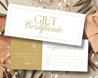 DIY Gift Certificate Template: Voucher Card for Small Business, White Gold Printable Coupon Design, Salon Customers (Canva Editable)