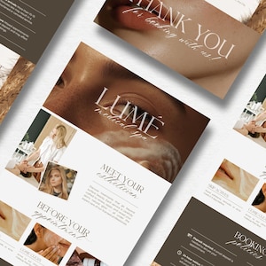 May include: A promotional flyer for LUME medical spa. The flyer features the spa's logo, images of facial treatments, and the text "Thank you for booking with us!" and "Meet your esthetician."