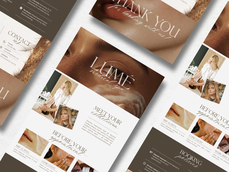 May include: A promotional flyer for LUME medical spa. The flyer features the spa's logo, images of facial treatments, and the text "Thank you for booking with us!" and "Meet your esthetician."