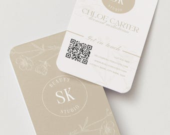 Minimalistic Business Card Template - QR Code: Medspa, Esthetician, Beauty Spa - Taupe Floral (Canva Editable)