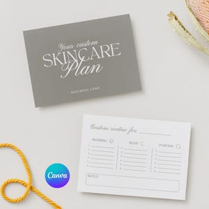 Puede incluir: Una tarjeta gris con el texto "Your custom SKINCARE Plan" y "BUSINESS LOGO" en blanco. Debajo, una tarjeta blanca con l&iacute;neas para una rutina de cuidado de la piel personalizada. Se ve un logotipo de Canva.