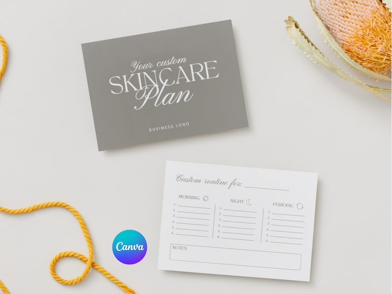 Puede incluir: Una tarjeta gris con el texto "Your custom SKINCARE Plan" y "BUSINESS LOGO" en blanco. Debajo, una tarjeta blanca con l&iacute;neas para una rutina de cuidado de la piel personalizada. Se ve un logotipo de Canva.
