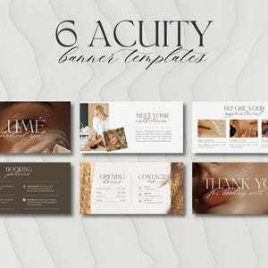 May include: Aesthetic banner templates with the text "6 Acuity banner templates". The templates include spa-themed designs with text such as "Lume medical spa", "Meet your esthetician", and "Thank you for booking with us!"