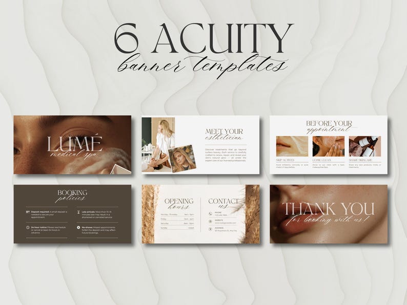 May include: Aesthetic banner templates with the text "6 Acuity banner templates". The templates include spa-themed designs with text such as "Lume medical spa", "Meet your esthetician", and "Thank you for booking with us!"