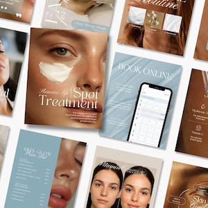 May include: A collection of promotional materials for skincare and beauty treatments. The images feature close-ups of faces, product information, and the words "Hydrafacial," "Spot Treatment," and "Book Online." The color palette includes soft blues, browns, and creams.
