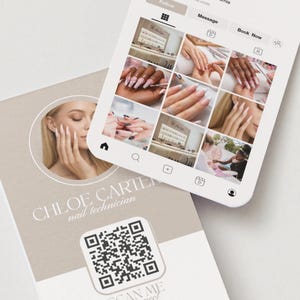 May include: A business card and a smartphone displaying a nail technician's Instagram feed. The card features a headshot, the name "CHLOE CARTER" and a QR code. The phone shows various nail art designs.