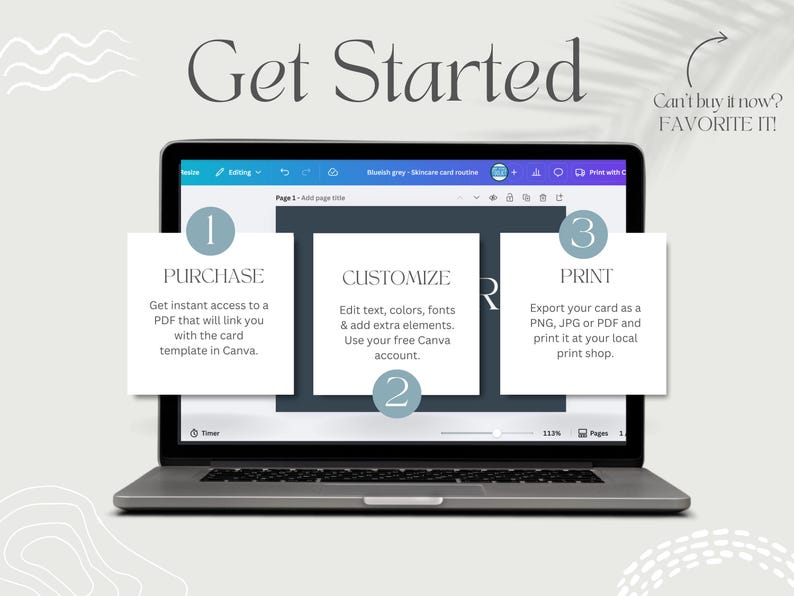Puede incluir: Pantalla de port&aacute;til que muestra una plantilla de rutina de cuidado de la piel con el texto "Get Started". Las instrucciones incluyen la compra de un PDF, la personalizaci&oacute;n en Canva y la impresi&oacute;n. La imagen tambi&eacute;n incluye el texto "Can't buy it now? FAVORITE IT!"