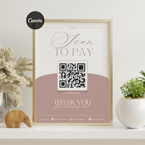 QR Code Payment Sign Canva Template, Scan to Pay Display Printable, Cashless Checkout Poster for Salon Spa Small Business, Dusty Pink