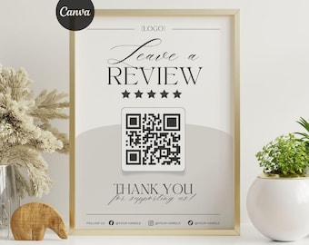 Editable Review Us Sign Template: QR Code Feedback Sign, Minimalistic Business Printable Decor, Customer Review Display, (Canva Editable)