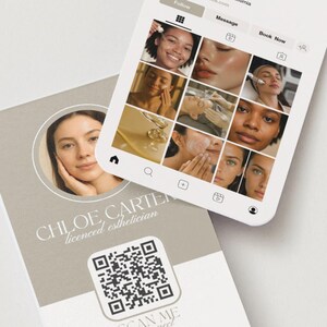 May include: A business card and a smartphone showing a social media profile. The card displays a headshot, the name "CHLOE CARTER", and the title "licensed esthetician". A QR code is also present. The phone shows beauty treatments.