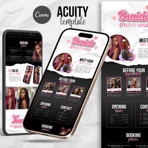 May include: A digital marketing template for a hair braiding service, featuring a black and pink design. The template includes sections for booking, contact information, and client photos. The text reads "Braids Styled by Kayla."