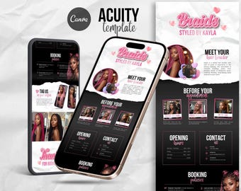 Acuity Scheduling Template Hair Braider: Website Banners Braiding Booking Site, Knotless Braids, Black Pink Hearts Design, Canva Editable