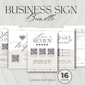 Op de afbeelding: Een bundel van 16 bewerkbare bedrijfsborden in een minimalistisch ontwerp. De borden bevatten betalingsopties, Wi-Fi-toegang, beoordelingsverzoeken en social media-prompts. Elk bord heeft een QR-code en elegante typografie.