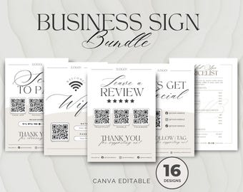 Business Sign Bundle: 16 QR Code Design Templates, Small Neutral Minimal Set, Review WiFi Social Scan Pay Pricelist Hours (Canva Editable)