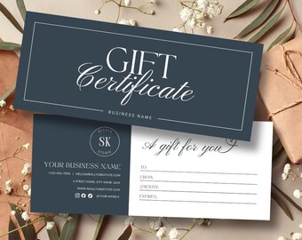 DIY Gift Certificate Template: Minimalist Voucher Card for Small Business, Blue Printable Coupon Design, Salon Customers (Canva Editable)