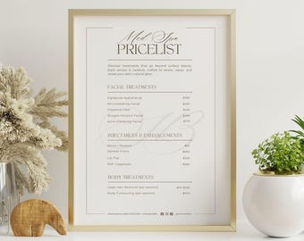 Minimalistic Pricelist Template: Small Beauty Clinic Price List, Elegant Aesthetic Med Spa Esthetician Pricing Sheet Sign, Canva Editable