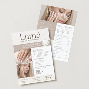 May include: Two flyers for "Lumé" luxury nail care and nail enhancements. The flyers feature images of manicured hands and a woman with long nails. Text includes "Save 10% off" and "Reveal Your Perfect Nails."