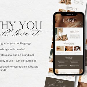 May include: A smartphone displays a website design for a medical spa, with the text "LUME medical spa" and "WHY YOU will love it." The design includes images of estheticians and spa treatments. The design is ready to use and designed for estheticians and beauty brands.