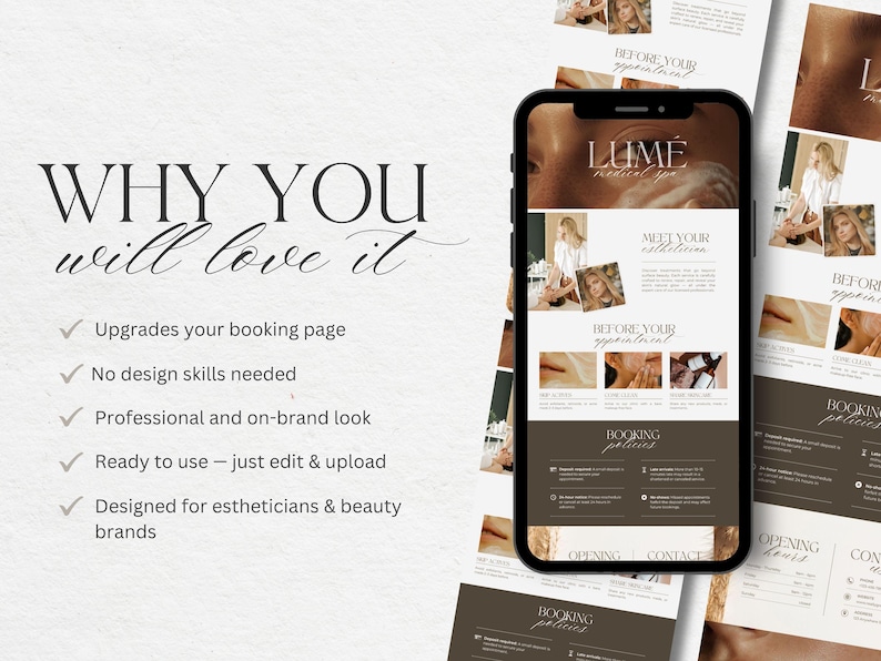 May include: A smartphone displays a website design for a medical spa, with the text "LUME medical spa" and "WHY YOU will love it." The design includes images of estheticians and spa treatments. The design is ready to use and designed for estheticians and beauty brands.