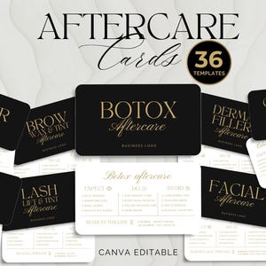 May include: A collection of black and gold aftercare cards with various templates for procedures like Botox, Laser, and Facial treatments. The cards feature elegant typography and the text "AFTERCARE Cards" at the top, with "36 TEMPLATES" in a circle.
