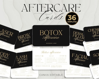 Tarjetas de cuidados posteriores a la belleza: 36 diseños de instrucciones de cuidado para esteticistas, spas médicos, clínicas, salones de belleza con depilación de pestañas y cejas, enfermeras de bótox, editables en Canva.