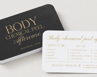 Body Chemical Peel Aftercare Card: Editable Post Treatment Care Instructions Template, Med Spa, Aesthetic Clinic, Black Gold, Canva