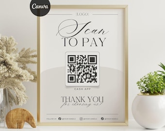 Scan To Pay Template: Qr Code Sign, Minimal Cashless Payment Flyer, Small Business Printable, Cash App Venmo PayPal Zelle (Canva Editable)