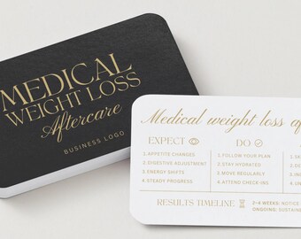 Medical Weight Loss Aftercare Card: Editable Post Treatment Care Instructions Template, Med Spa, Aesthetic Clinic, Black Gold, Canva