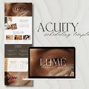 May include: Aesthetic medical spa template with the text "LUME medical spa" on a laptop screen and a brochure. The brochure includes sections titled "Meet Your Estheticians" and "Before Your Appointment". The template is for Acuity scheduling.