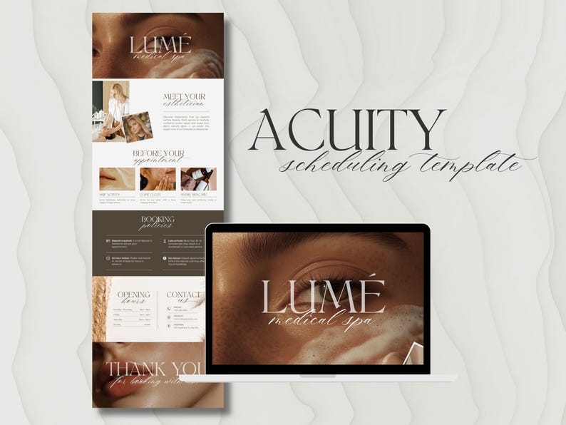 May include: Aesthetic medical spa template with the text "LUME medical spa" on a laptop screen and a brochure. The brochure includes sections titled "Meet Your Estheticians" and "Before Your Appointment". The template is for Acuity scheduling.