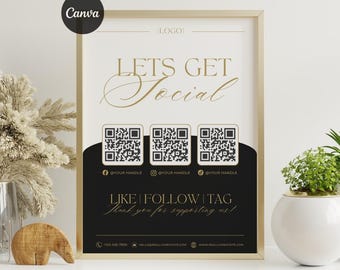 Editable Social Media Sign Template: QR Code Follow Us Flyer, DIY Black Gold Small Business Printable, Instagram Facebook Display (Canva)