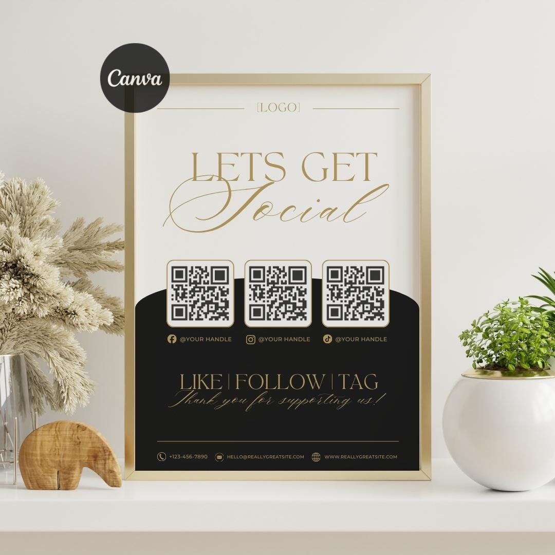 Editable Social Media Sign Template: QR Code Follow Us Flyer, DIY Black ...