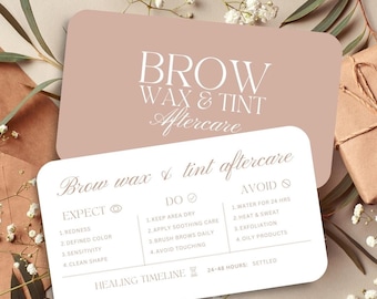 Tarjeta de cuidado posterior para depilación y tinte de cejas: Plantilla editable de instrucciones para el cliente, marketing rosa imprimible para tecnología de salón, negocios de belleza, Canva