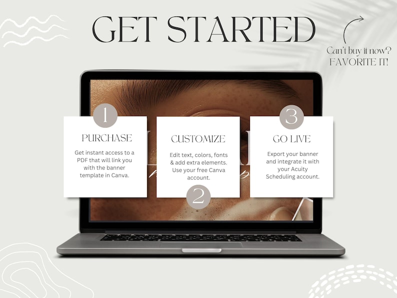 May include: A laptop displays a graphic with the text "GET STARTED." The screen shows three steps: Purchase, Customize, and Go Live. The image includes text about accessing a PDF, editing elements, and integrating with Acuity Scheduling.