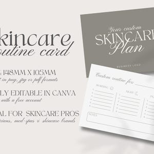 Puede incluir: Una tarjeta de rutina de cuidado de la piel con el texto "Skincare Routine card" en una fuente elegante. La tarjeta mide 14,8 cm x 10,5 cm y es totalmente editable en Canva. Tambi&eacute;n se muestra una tarjeta gris con el texto "Your custom Skincare Plan".