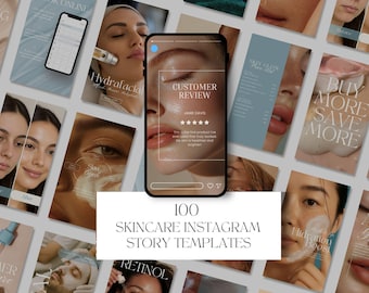Può includere: Una raccolta di 100 modelli di storie di Instagram per la cura della pelle. L'immagine presenta vari modelli con immagini di volti, trattamenti per la cura della pelle e testo come "Hydrafacial", "Customer Review" e "Buy More Save More".