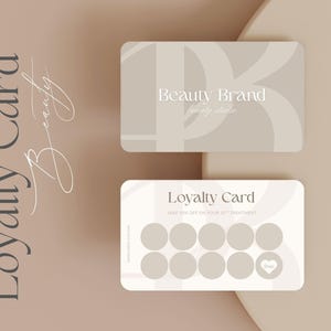 May include: Two beige and white loyalty cards with rounded corners. One card displays the text "Beauty Brand beauty studio". The other card reads "Loyalty Card" and has ten circles and a heart icon.
