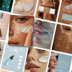 May include: A collage of skincare product advertisements. The ads feature close-ups of faces, product bottles, and text such as "Summer Skincare", "Zinc for Protection", and "Choose your Serum". The color palette includes light blues, beige, and white.