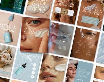 May include: A collage of skincare product advertisements. The ads feature close-ups of faces, product bottles, and text such as "Summer Skincare", "Zinc for Protection", and "Choose your Serum". The color palette includes light blues, beige, and white.