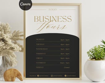 Editable Business Hours Sign Template: Minimal Store Time Printable, Shop Schedule Flyer for Small Businesses, Black Modern Canva Template
