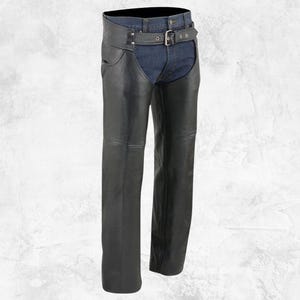 Men’s Premium Black Leather Chaps with Jean Style Pockets | Gift for Him | Adjustable back-lase