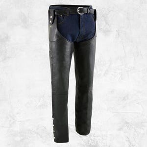 Men’s Stylish Black Leather Chaps with Adjustable Side Snap | Beltless Design