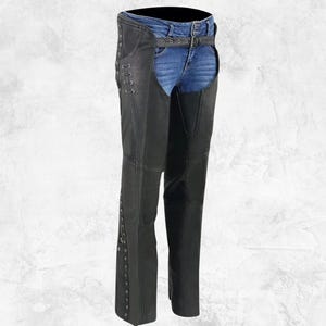 Black Cowhide Leather Motorcycle Chaps: Adjustable Biker Overpants