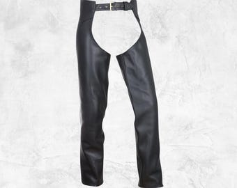 Women's Black Leather Motorcycle Chaps With Flap-over Zipper