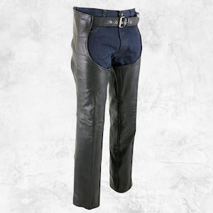Men’s Black Leather Chaps with Adjustable Belted Closure | Classic motorcycle chaps