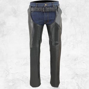 Men’s Classic Black Leather Chaps with Thigh Patch Pocket | Premium leather riding chaps