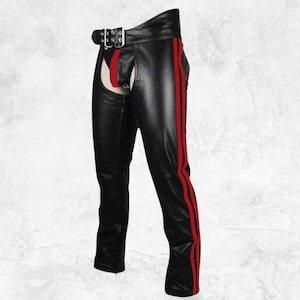 Men&#39;s Black Lambskin Leather Biker Chaps - Red Stripe Design