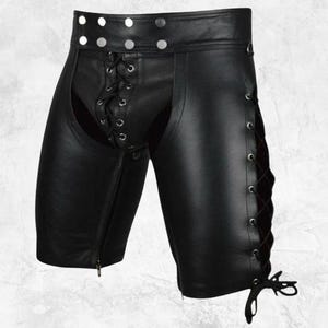 Men&#39;s Black Leather Chaps Shorts: Lace-Up Biker Gear