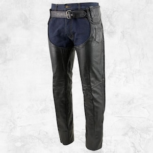 Men&#39;s Black Buffalo Leather Motorcycle Chaps with Braided Detail